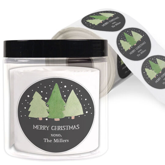 Trio of Trees Round Holiday Gift Stickers in a Jar